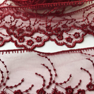 Wine Red floral design 100% Polyamide single scalloped edge Lace