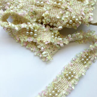 Lemon Yellow, Pastel Pink, Lime and Cream cardigan jacket tweed braid with faux pearls