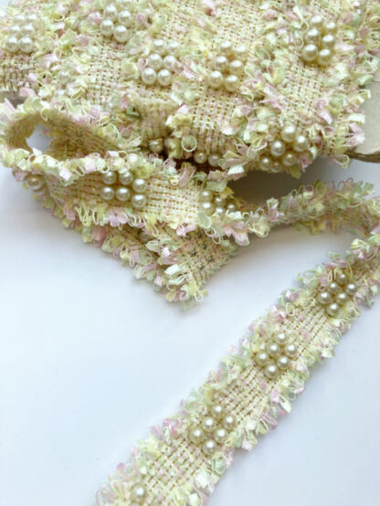 Lemon Yellow, Pastel Pink, Lime and Cream cardigan jacket tweed braid with faux pearls