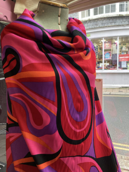 red pink purple orange and black multicolour pucci style swirly print heavy viscose crepe backed satin