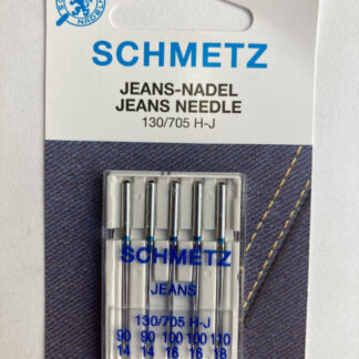 Assorted pack of Schmetz Jeans needles for denim (Jeans) and similarly tough fabrics. Pack contains 2 x 14 (80), 2 x 16 (100) & 1 x 18 (110). 