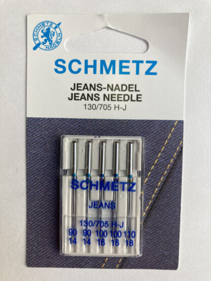 Assorted pack of Schmetz Jeans needles for denim (Jeans) and similarly tough fabrics. Pack contains 2 x 14 (80), 2 x 16 (100) & 1 x 18 (110). 
