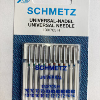 Bumper assorted pack of Schmetz universal point needles for woven fabrics. Pack contains 4 x 10 (70), 4 x 12 (80) & 2 x 14 (90).