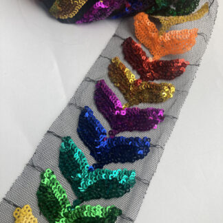 Multicolour rainbow Sequinned fin / leaf embroidered tulle Trim