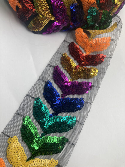 Multicolour rainbow Sequinned fin / leaf embroidered tulle Trim