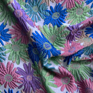 Purple, Blue, Pink & Green daisy floral 100% Polyester textured Cloqué Brocade