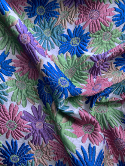 Purple, Blue, Pink & Green daisy floral 100% Polyester textured Cloqué Brocade