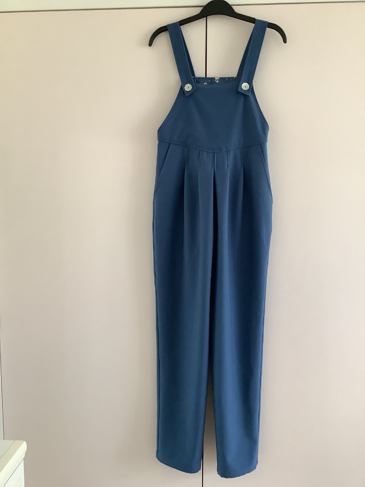 blue stretch poly viscose suiting dungarees