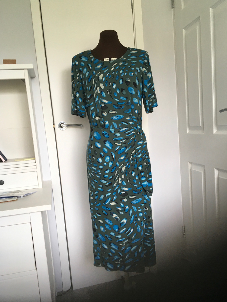 green and blue oval spotty print viscose and elastane dress with overlay