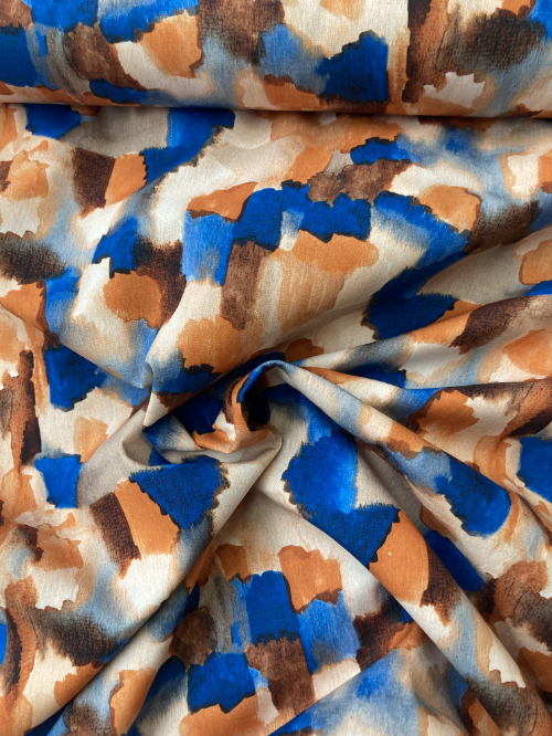 Royal Blue, Burnt Orange and Brown abstract painted print 100% Cotton Poplin