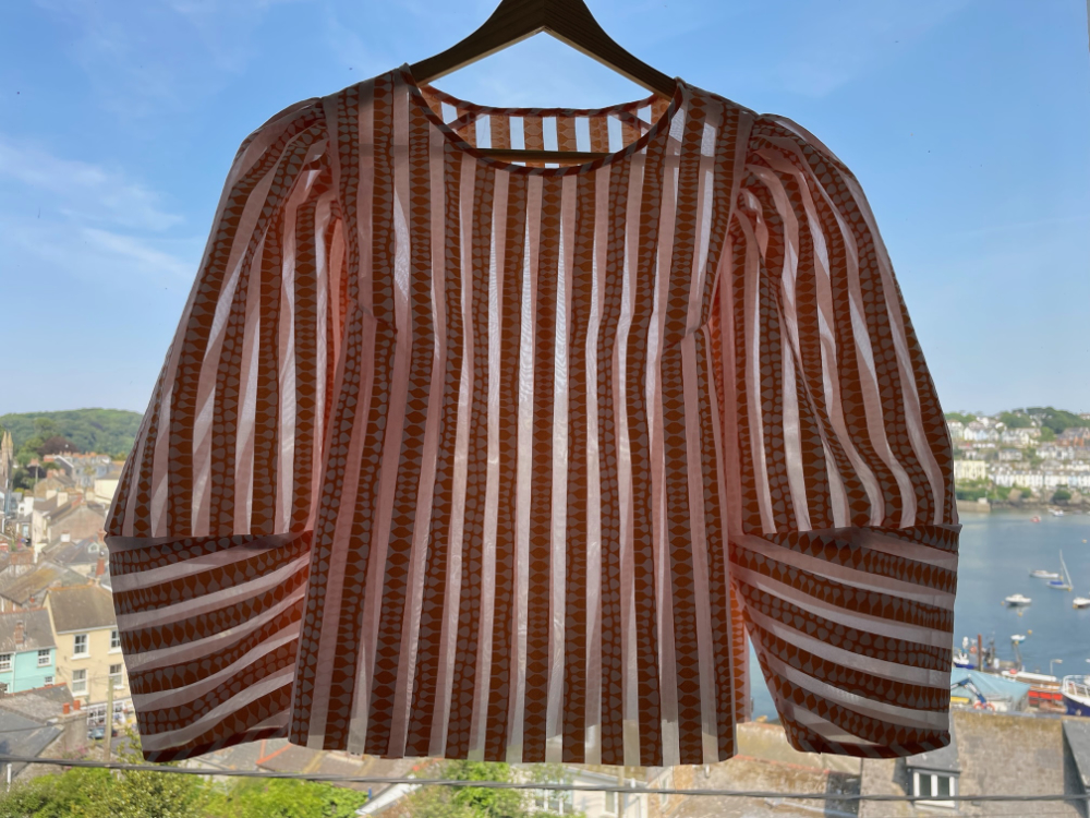 orange stripe jacquard organza closet core Cielo top -hung to show sheerness 