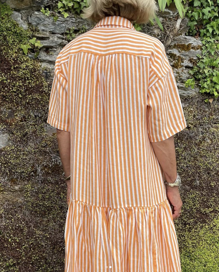 Orange stripe lightweight linen closet core Kalle shirt hacked into a dress