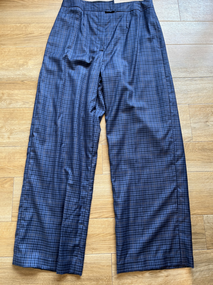 maker's atelier wide leg trousers made up in navy check worsted wool from Paul Smith