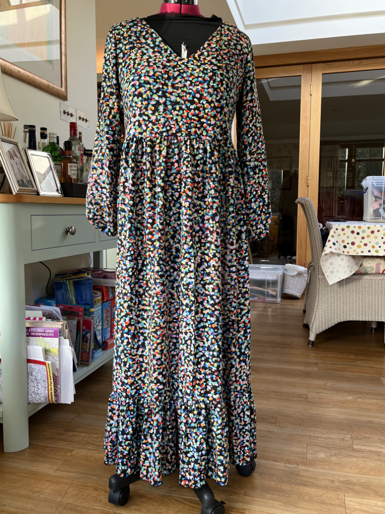 sew la di da stevie dress made up in multicolour spotty viscose lawn