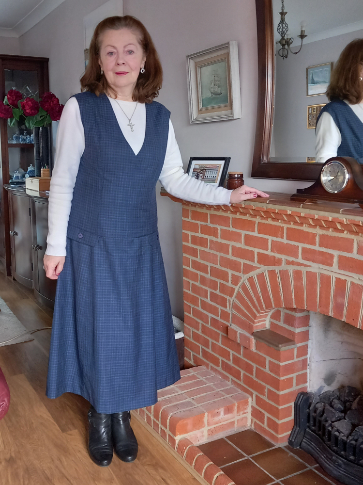 navy blue small check worsted wool pinafore dress made using vogue 7975 and simplicity 2247