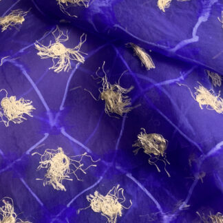 Imperial Blue-Purple 100% Silk Organza with lattice print & Ecru tassels