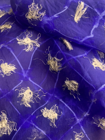 Imperial Blue-Purple 100% Silk Organza with lattice print & Ecru tassels