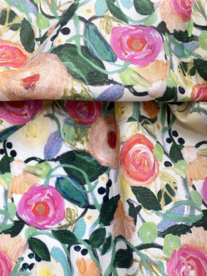 Green, Lime, Orange & Pink illustrated roses floral print 100% Cotton Lawn