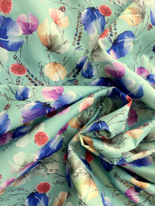 Aqua Green, Blue, Taupe & Pink watercolour illustrated sweet pea floral print 100% Cotton Lawn