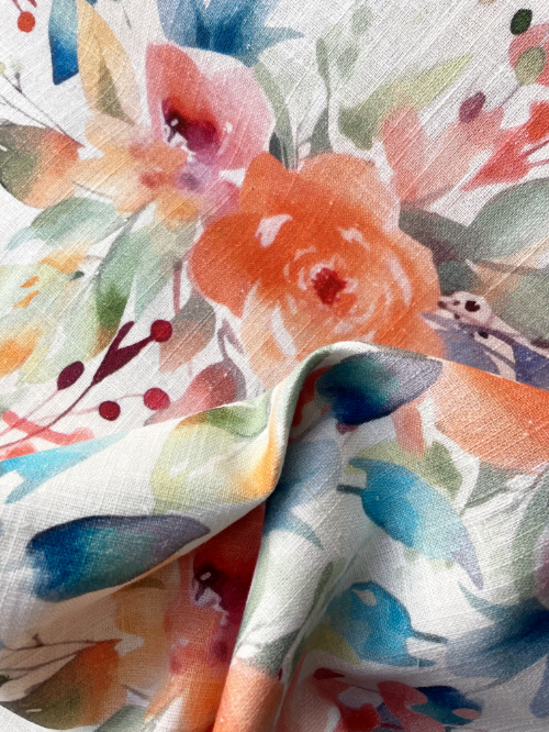 Orange, Multicolour watercolour illustrated floral print medium weight 70% Linen 30% Viscose