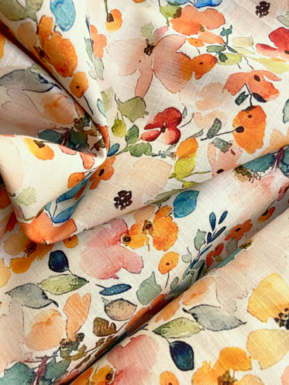 Orange, Multicolour and Cream watercolour illustrated vintage floral print medium weight 70% Linen 30% Viscose