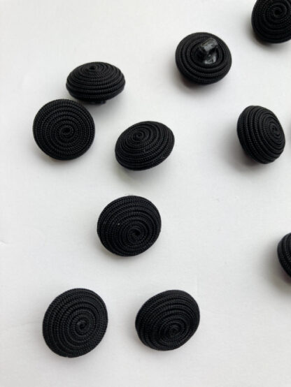 Black scroll soutache textile covered button on shank