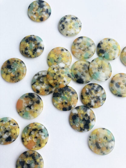 Green, Yellow and Orange speckled recycled plastic 2 hole flat button