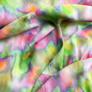 Chartreuse Green, Pink, Orange and Ochre watercolour abstracted pixel print 100% Viscose lightweight Crepe