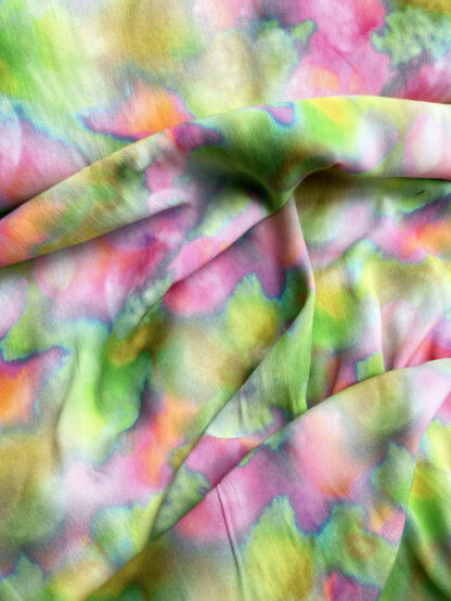Chartreuse Green, Pink, Orange and Ochre watercolour abstracted pixel print 100% Viscose lightweight Crepe