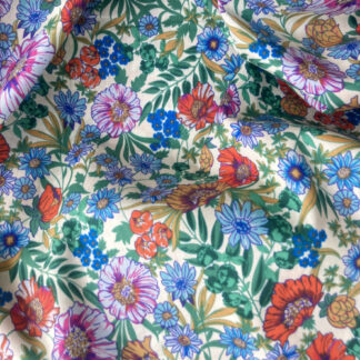 Jade Green, Blue, orangey red, and multicolour vintage floral print 100% Pima Cotton Lawn