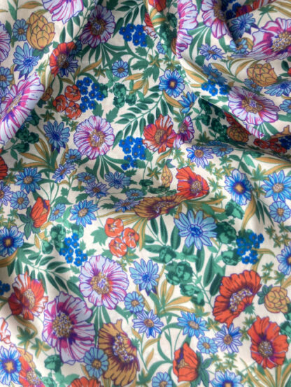 Jade Green, Blue, orangey red, and multicolour vintage floral print 100% Pima Cotton Lawn