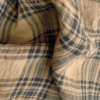 Camel and Black tartan check 14cm repeat tumble washed crinkly soft light - medium weight 100% Irish Linen 200gsm 