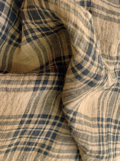 Camel and Black tartan check 14cm repeat tumble washed crinkly soft light - medium weight 100% Irish Linen 200gsm 