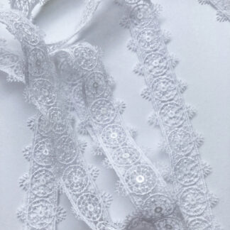 White embroidered tulle circles with sequins delicate 100% polyester lace