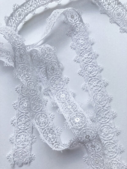 White embroidered tulle circles with sequins delicate 100% polyester lace