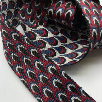 Wine Red, Black and White and Navy Blue reversible peacock design 100% Polyester braided Webbing