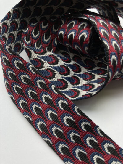 Wine Red, Black and White and Navy Blue reversible peacock design 100% Polyester braided Webbing
