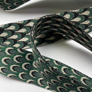 Bottle Green, Black and Ecru reversible peacock design 100% Polyester braided Webbing