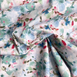 Pale Pink, Crimson, Sea Green and Prussian Blue watercolour illustrated floral print 100% Cotton Lawn