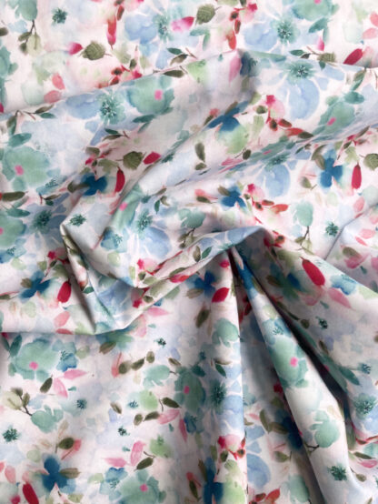 Pale Pink, Crimson, Sea Green and Prussian Blue watercolour illustrated floral print 100% Cotton Lawn