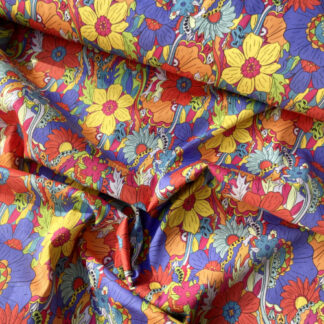 Red, Orange, Purple and Green Multicolour retro 60's 70's vintage wildflower floral print 97% Cotton 3% Elastane Stretch Cotton Sateen