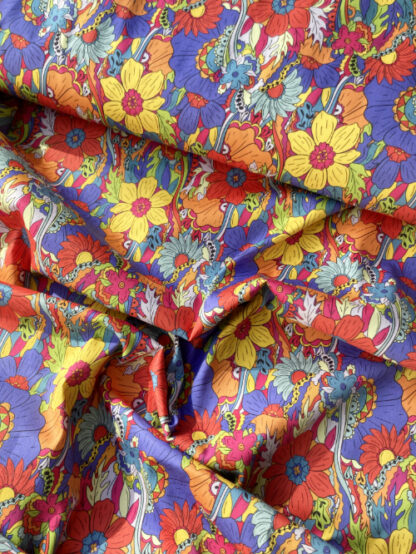 Red, Orange, Purple and Green Multicolour retro 60's 70's vintage wildflower floral print 97% Cotton 3% Elastane Stretch Cotton Sateen