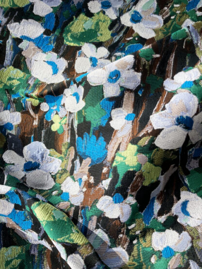 Greens, Turquoise, Silver, Black and Brown floral design 94% Polyester 6% Zari Metal Brocade Heavy Suiting