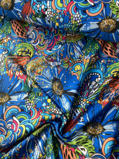 Royal Blue and Multicolour graphic abstract graffiti floral digital print 92% Cotton 8% Elastane French Terry  medium weight Jersey