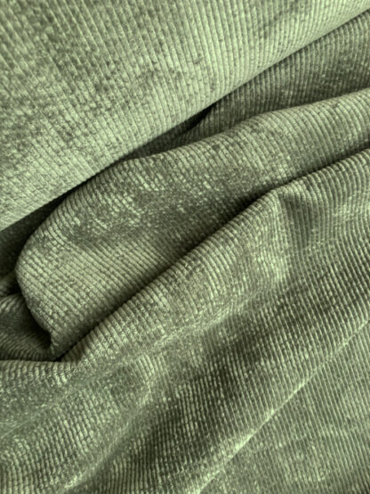 Olive Green 85% Polyester 12% Polyamide 3% Elastane stretch drapey velvety 8 wale Corduroy
