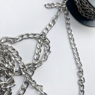 Silver coloured metal chain 3 links per inch. A weighty chain (steel alloy) that's perfect for weighing down cardigan jacket hems and other decorative trimming uses