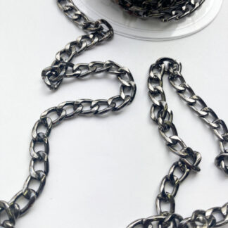 Gunmetal coloured metal chain 3 links per inch. A weighty chain (steel alloy) that's perfect for weighing down cardigan jacket hems and other decorative trimming uses