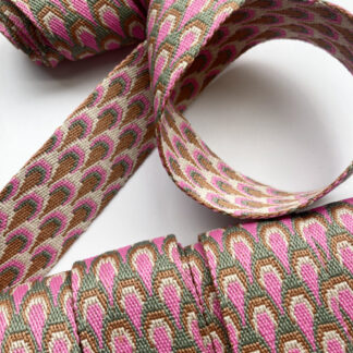 Candy Pink, Tan and Grey reversible peacock design 100% Polyester braided Webbing for bag straps