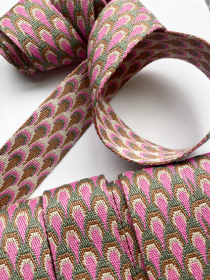 Candy Pink, Tan and Grey reversible peacock design 100% Polyester braided Webbing for bag straps