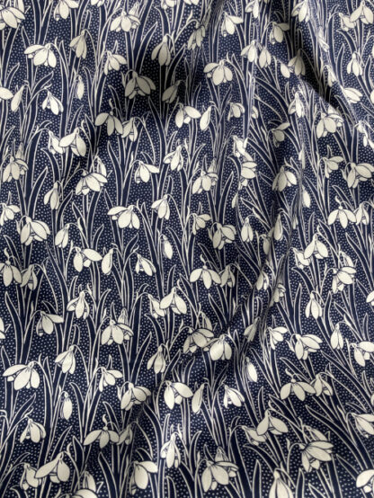Navy Blue and Natural White Liberty snow drop floral print 100% Silk Satin